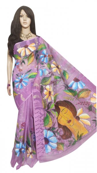 Purple and multi colored hand painted full body work jamdani silk saree